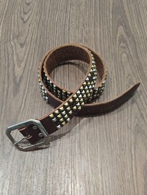 Jeff Gallea Men's Brown Studded Leather Belt - Metal Pyramid Accents